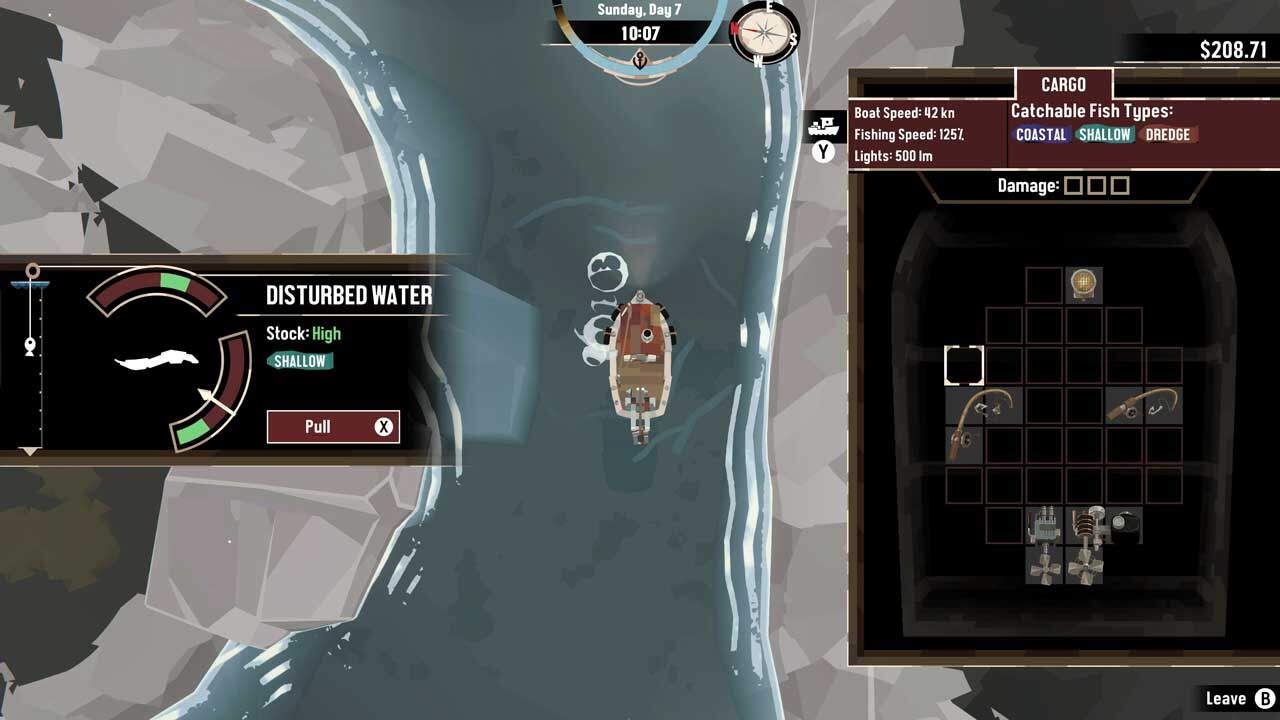 Dredge Dredge: There are small mini-games for fishing (left). The catch needs to be stowed in the hold (right) to save space.