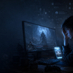 Person hunched at a desk, gaming on a large monitor showing a armored knight in a dark cavern, blue glow all around.