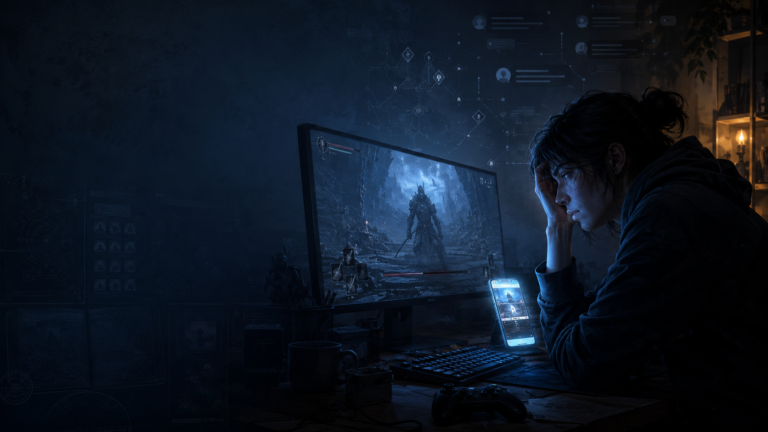Person hunched at a desk, gaming on a large monitor showing a armored knight in a dark cavern, blue glow all around.