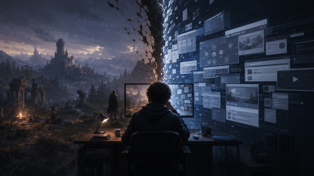 im-spiel-bleiben-oder-aussteigen Person sits at a desk with a glowing wall of floating screens on the right and a ruined medieval landscape on the left, split by a glowing crack—tech meets fantasy.